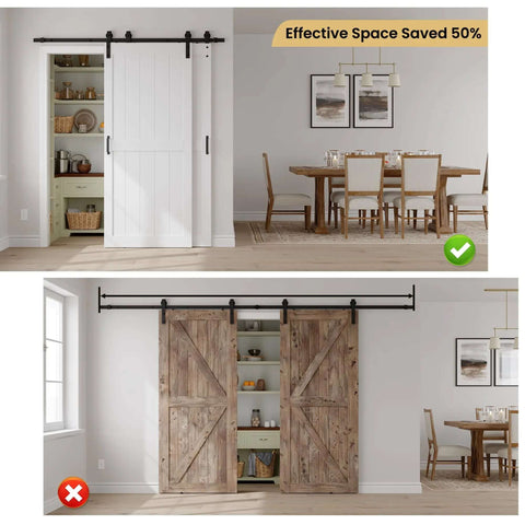 36x84 Inch Bypass Barn Door With 6.6 Ft Track Kit in white MDF, installed in dining area, showcasing space-saving sliding design.