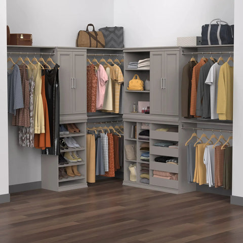 Super Slick Modular Closet Storage Organizer With Four Stackable Drawers In Taupe Decked Out With Decorative Trim And A Solid Back Panel For A Gotta Have Organized Space Vibe That Stays Tight And Totally Hassle Free