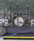 Stage setup with audio equipment and a Beefed Up Heavy Duty 5 Pack TPU Cable Protector Ramp with 2 channel design in foreground