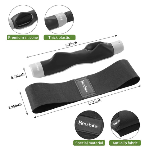 2 In 1 Golf Grip Trainer And Swing Stabilizer With Arm Band For Correct Grip And Arm Positioning Fixes Grip Posture And Locks Elbow For Consistent Shots Pro Level Golf Accessory For Men And Women, shown with silicone and plastic material, dimensions labeled.