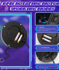 Back of 8 Inch Hanging Disco Ball With Motor And Light 6 RPM Rotating Mirror Ball Featuring 4 RGBW Colors And 18 LEDs Battery Powered DJ Club Decor For Party Vibes Sound Activated Or Always On Modes showing battery compartment.