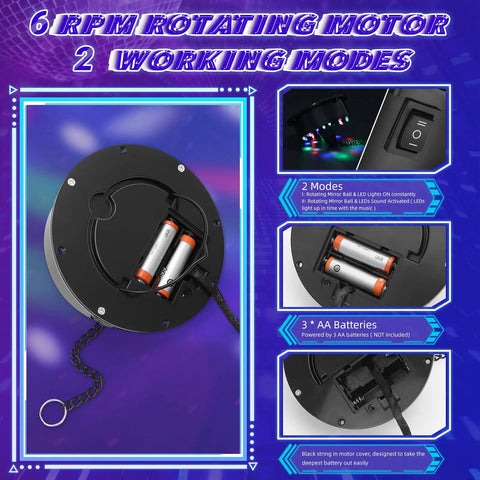 Back of 8 Inch Hanging Disco Ball With Motor And Light 6 RPM Rotating Mirror Ball Featuring 4 RGBW Colors And 18 LEDs Battery Powered DJ Club Decor For Party Vibes Sound Activated Or Always On Modes showing battery compartment.