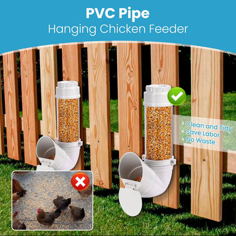 Heavy Duty PVC Pipe Chicken Feeder No Waste Hanging Poultry Coop Feeding Trough For Chickens, Durable Wall Mount Gravity Fed Bird Food Dispenser To Minimize Spillage And Keep Coop Clean