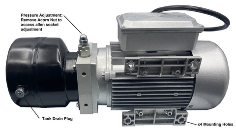 No Nonsense Workhorse 2 HP Hydraulic Power Unit Single Phase Pump Pack with pressure adjustment details and tank drain plug.