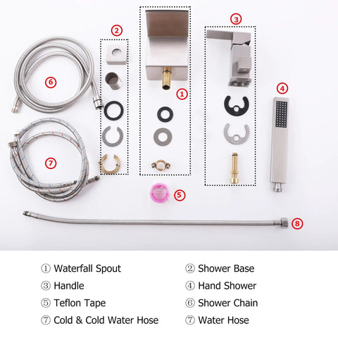 Roman Tub Faucet With Sprayer And Hand Shower Deck Mount 3 Hole Brushed Nickel Finish Wide 4 Inch Waterfall Spout Brass Construction With Ceramic Cartridge Easy Install Bath Faucet assembly parts layout with spout, hoses, and hand shower.