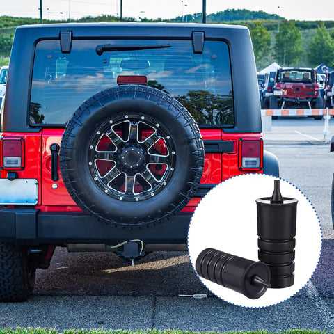 Rear view of Jeep Wrangler with Four Pack Spare Tire Bump Stop Kit for Jeep Wrangler JK JL 2007 to 2024, polyurethane stabilizers