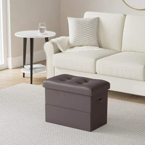 Brown Leather Storage Ottoman Foot Rest Stool 17x13x13 Inches With Foldable Design in living room