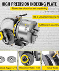Five Inch 3 Jaw Chuck Dividing Head Set For Milling Machine Rotary Table Tailstock Precision Semi Universal Dividing Head Built To Last With Rugged Wear Resistant Build Easy Adjustment And Pro Level Accuracy For Metalworking Projects indexing head with additional chuck and clear scale view.