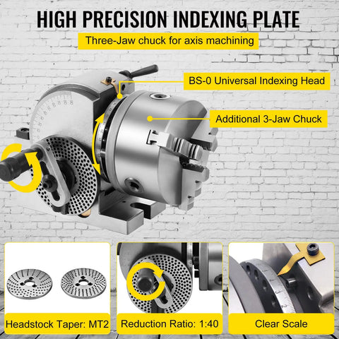 Five Inch 3 Jaw Chuck Dividing Head Set For Milling Machine Rotary Table Tailstock Precision Semi Universal Dividing Head Built To Last With Rugged Wear Resistant Build Easy Adjustment And Pro Level Accuracy For Metalworking Projects indexing head with additional chuck and clear scale view.