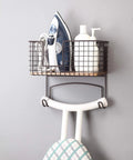 Metal Over The Door Or Wall Mount Ironing Board Holder With Large Storage Basket, Laundry Room Organizer For Cabinets And Shelves.