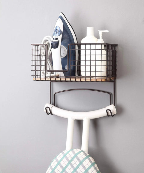 Metal Over The Door Or Wall Mount Ironing Board Holder With Large Storage Basket, Laundry Room Organizer For Cabinets And Shelves.