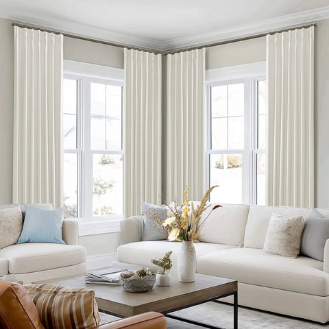 Cream Blackout Curtains With Matte Polished Finish And Pinch Pleat Linen Texture For Bedroom Floor To Ceiling Fit On Windows