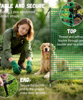 Heavy Duty 3x50 Ft Temporary Fence Kit For Backyard Pets And Poultry With 9 Fiberglass Posts shown installed with a person and dog