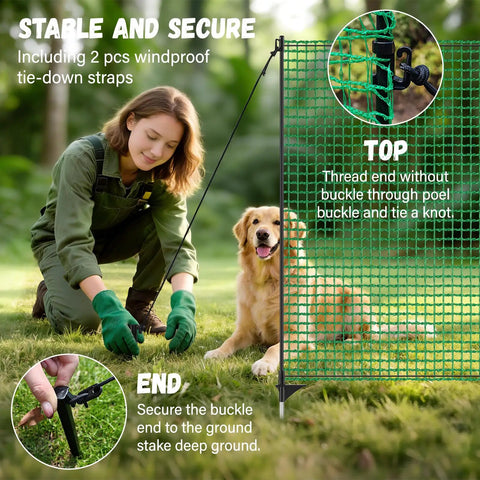 Heavy Duty 3x50 Ft Temporary Fence Kit For Backyard Pets And Poultry With 9 Fiberglass Posts shown installed with a person and dog