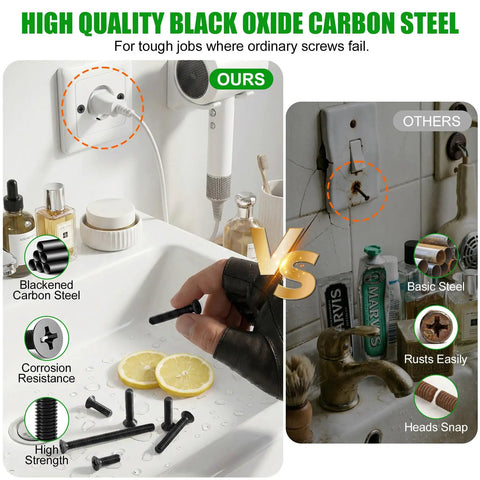Pro Grade M4 Flat Head Machine Screws Black 168 Piece Heavy Duty Kit side by side comparison with rusted steel and corrosion-resistant screws.