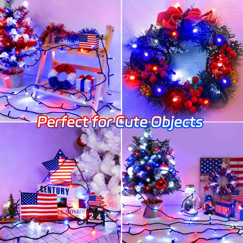 Red White And Blue Outdoor String Lights 2 Pack With Timer 100 LED Total About 33 Ft Waterproof Battery Operated For 4th Of July Memorial Day And Patriotic Decor With 8 Modes