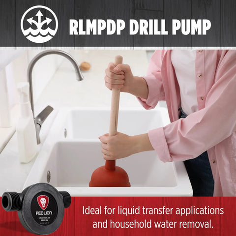 Person using plunger in sink, featuring Drill Powered Transfer Pump For Quick Liquid Moves, 154 GPH Black, Garden Hose Ready
