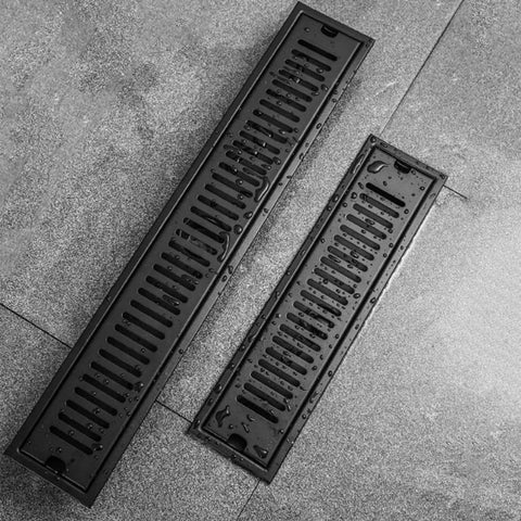 Slick Linear Shower Drain With Removable Grate Cover And Hardcore Hair Strainer For Zero Hassle Bathroom Drainage, black finish.