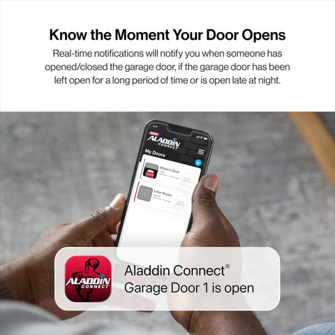 Man using smartphone app for Chain Drive 500 Garage Door Opener With WiFi And Smart App Control No Fuss Setup With Aladdin Connect