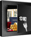 Small Steel Safe Box With Key Lock For Cash And Jewelry Hidden Security Safe Two Tenths Of A Cubic Foot, steel box with open door showing contents