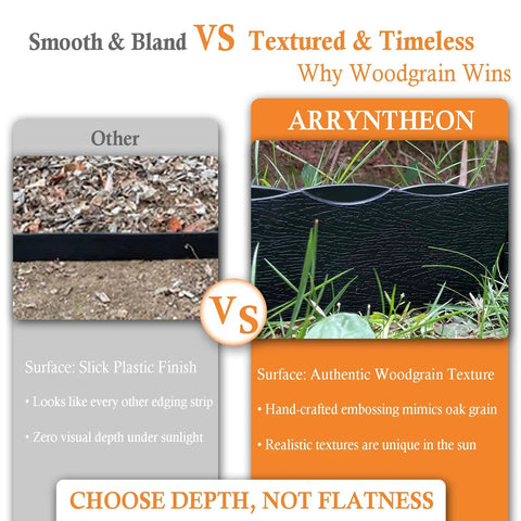 Comparison of black smooth plastic edging vs textured woodgrain edging in Wood Look Garden Edging Border 2.4 Inch Tall Lawn And Landscape Border For Flower Beds Tree Rings And Pathways Durable All Weather PE Material Easy To Install Low Maintenance Black