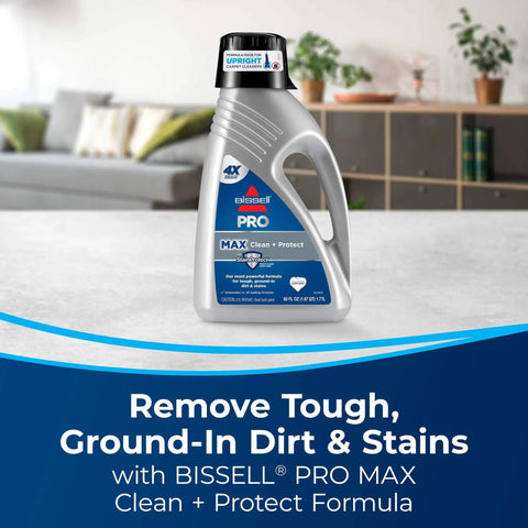 Bissell Pro Max Clean and Protect Formula bottle on a living room table, designed for deep cleaning carpets and upholstery.