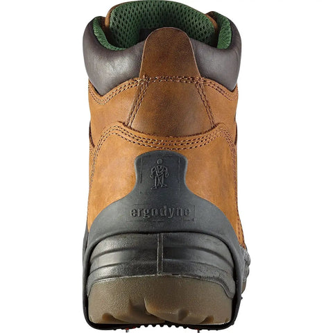 Back view of brown work boot, highlighting heel, suitable for attaching Trex 6300 Ice Traction Device For Shoes Black Medium Pair