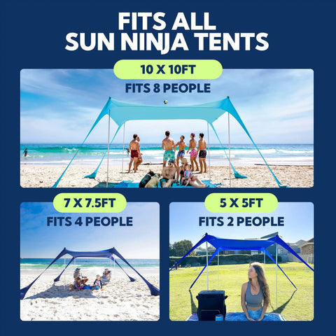 Replacement Beach Tent Poles For 10x10ft Beach Tent, 6.6ft Length, shown with Sun Ninja tents on various beaches