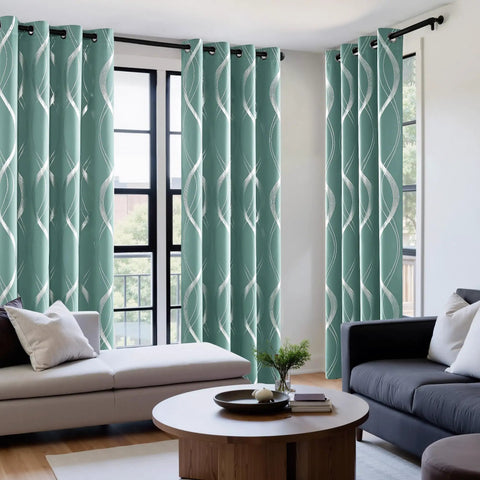 Aqua Blue 100 Percent Blackout Curtain Panels With Wave Pattern 84 Inches Long 2 Pieces 52 Inches Wide for living room