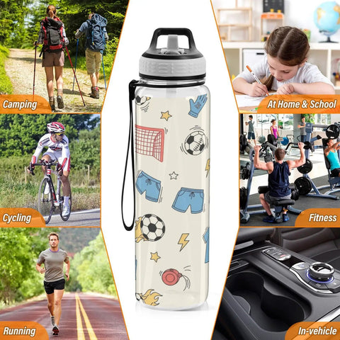 32 Oz Tritan Sports Water Bottle For Gym, Running, Hiking And Travel, BPA Free, Leakproof, shown with multiple activity uses