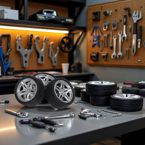 Four Piece 48MM Rubber Toy Car Wheel Set For RC Models, Dope Black Simulation Wheels placed on a workshop table with tools