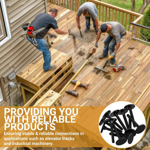3 workers using 60 Pack Of 1/4-20 X 2 Inch Elevator Bolts Offering A Badass Grip working on a wooden deck.