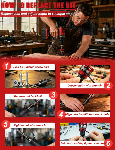 Heavy Duty Countersink Drill Bit Set With Adjustable Depth Stop Collar For Swift Wood And Metal Jobs shows step-by-step bit replacement guide.