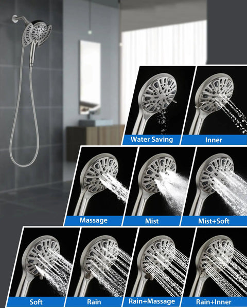 No Fuss Dual Purpose Rainfall Shower Head And Handheld Combo Providing Hella Crisp Water Flow Durable Nickel Finish Nine Custom Spray Modes Flexible Premium Stainless Steel Hose Quick Easy Setup For Any Modern Bathroom Space