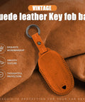 Premium Suede Leather Key Fob Cover For Tesla Model X Hand Crafted Automotive Key Holder Orange Wrap with smooth texture.