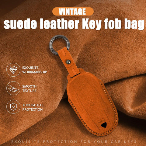 Premium Suede Leather Key Fob Cover For Tesla Model X Hand Crafted Automotive Key Holder Orange Wrap with smooth texture.