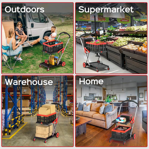 Collapsible Shopping Cart With Wheels 200 Lb Capacity in use outdoors, supermarket, warehouse, and home settings