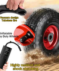 Heavy Duty Caster Wheels For Furniture And Carts With Top Plate Swivel And Pneumatic Rubber Tires Beefy 770 Lbs Load Capacity Per Set Brakes Included, close-up of tubeless pneumatic tire and inflator in use