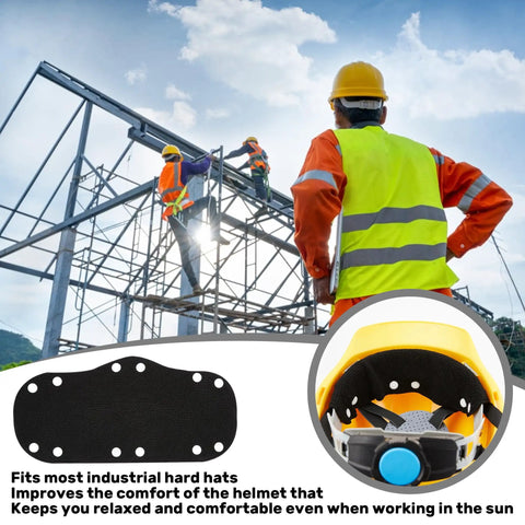 10 Pack Cotton Hard Hat Sweatbands 10 Inch By 5.5 Inch Liner Washable Reusable Inner Bands With 8 Snap Fasteners Black displayed on helmet