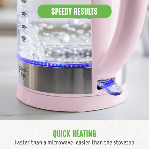 Close-up of pink 1.7 Liter Glass Electric Kettle With Fast Heat And Easy One Touch Start No Fuss Filtered Spout For Clean Pour LED Base