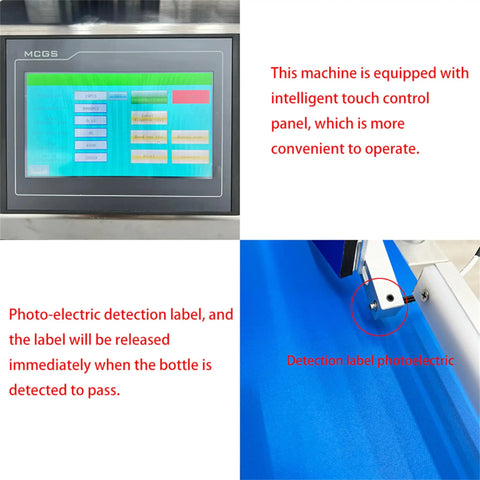 Slick Automatic Desktop Conveyor Round Bottle Labeler Featuring Precision Photoelectric Sensor control panel with detection label.