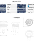 Latching Push Button Switch 1NO, IP67 Waterproof, 5-24V DC, 20A, Rugged Aluminum Alloy Body, With Wire Socket Plug, Blue 19mm, Perfect For Automotive, Marine, Security, Door Entry And DIY Projects. specifications and dimensions sheet