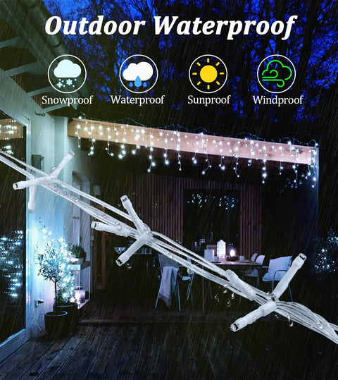132Ft Outdoor Christmas Lights With 1222 LEDs And 282 Drops, Eight Lighting Modes, Timer Memory, Waterproof Curtain Fairy String Lights for Home Decor displaying on patio