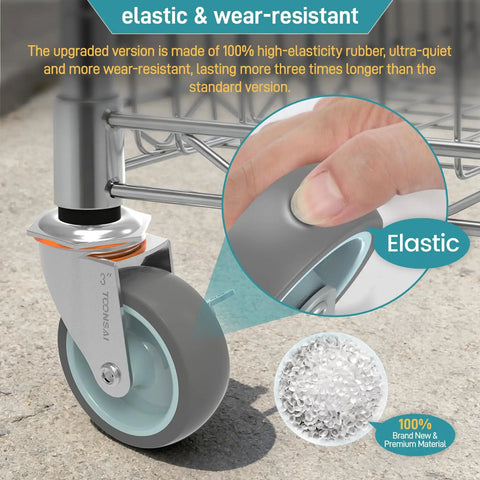 Super Smooth Rolling 3 Inch Caster Wheels Set Of Four Heavy Duty Rubber Casters With Threaded Stem 660 Pound Capacity close-up of elastic wheel on shelving.