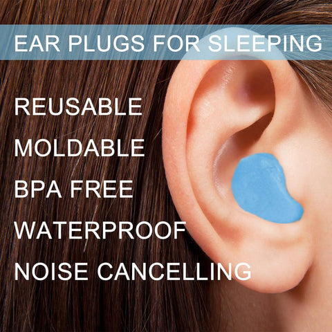 Moldable Silicone Ear Plugs For Sleeping And Travel inserted in ear, blue, reusable, BPA-free, noise blocking at 32 dB NRR