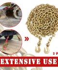 Grade 70 3/8 Inch By 20 Foot Transport Chain With Clevis Grab Hooks DOT Approved Heavy Duty Tie Down Binder Chain Yellow Zinc Plated 4 Pack 6,600 Lbs WLL For Trucks Trailers And Gear, shown in use securing heavy loads on vehicles