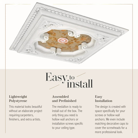 Four Leaf Clover Square Chandelier Medallion For Ceiling Lights And Fans 24 Inches White And Gold Adds Old World Elegance with floral detail