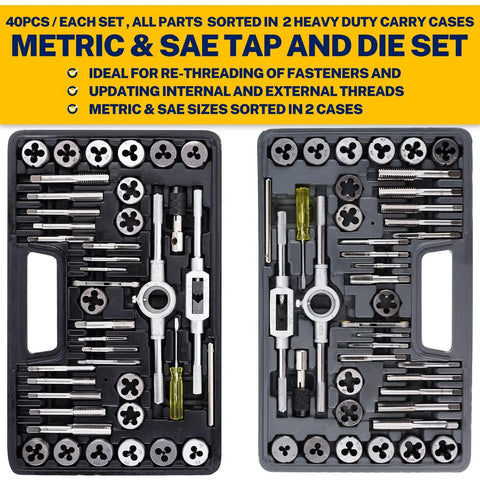 80 Pc SAE And Metric Tap And Die Kit Master Threading Tool Set For External And Internal Threads Includes 34 Common SAE And Metric Sizes