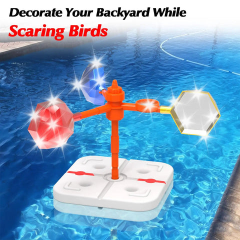 Floating Reflective Windmill Bird Deterrent For Pools And Yards Keeps Ducks Geese Pigeons Crow And More Away With Flashing Red And Silver Disturbance And Moving Visuals For Boats Roofs Gardens Backyards installed in a pool.