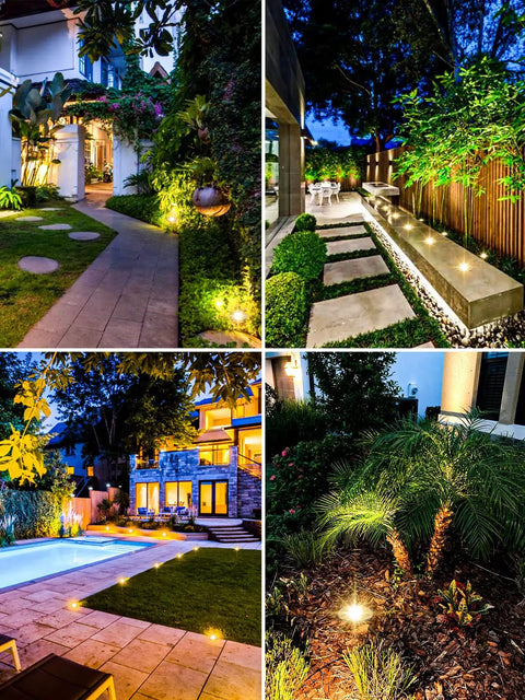 Low Voltage Landscape Well Lights 3W 12V 24V In Ground LED Lights illuminating garden pathways and driveways at night